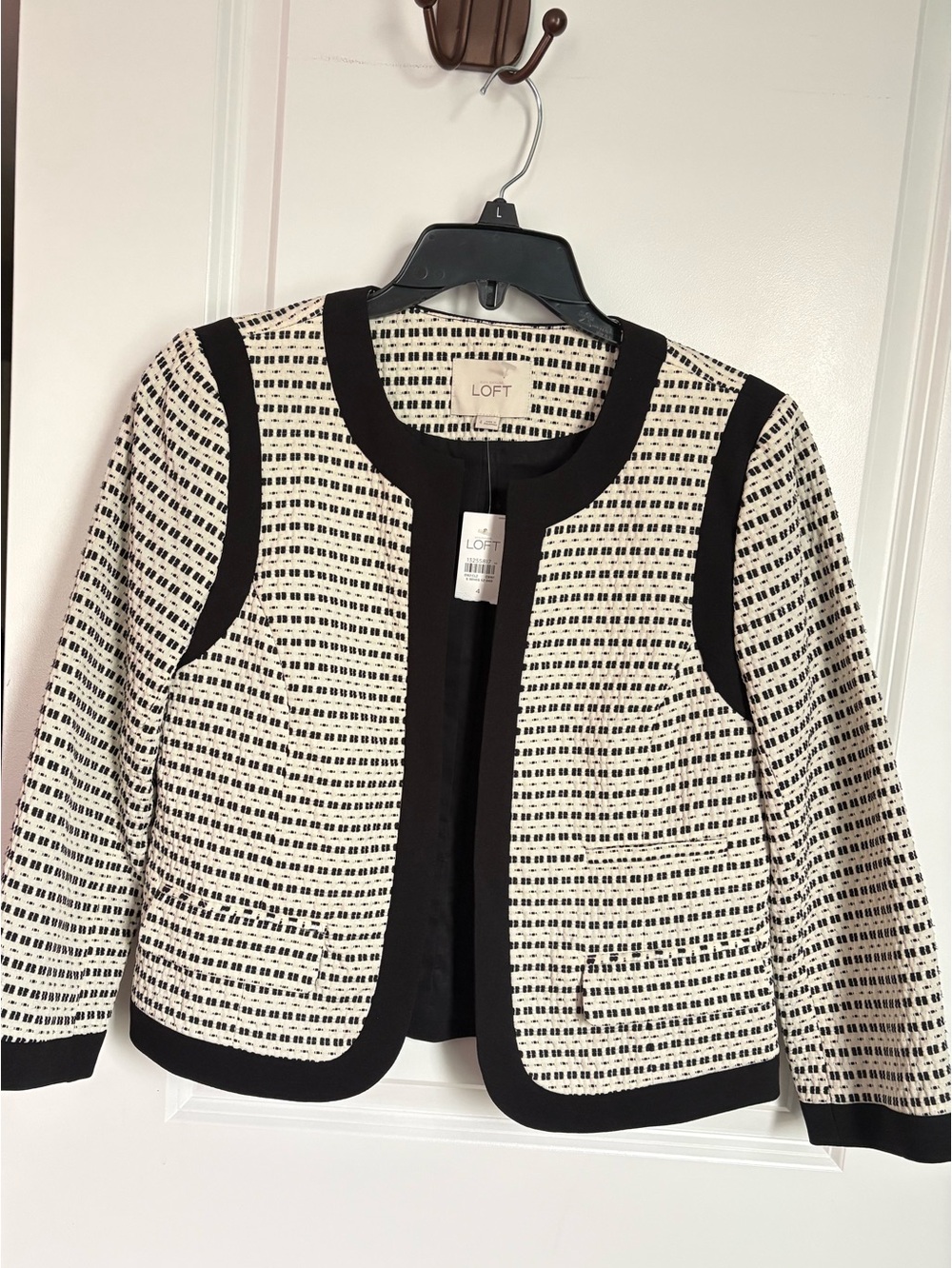 LOFT Black and Cream Tweed Open-Front Jacket